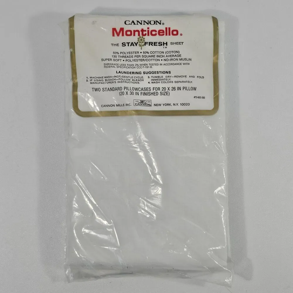 Vintage Cannon Monticello No-Iron Pillowcases 50/50 Cotton Polyester 20x30 White
